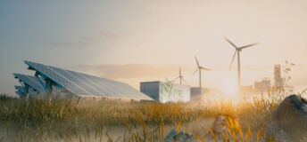 Concept of renewable energy solution in beautiful morning light. Installation of solar power plant, container battery energy storage systems, wind turbine farm and city in background. 3d rendering.